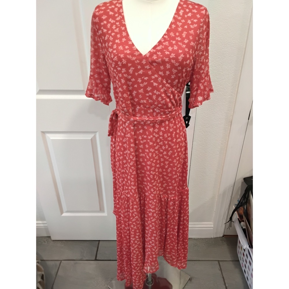 CHELSEA 28 Coral Floral Print Ruffle Sleeve Maxi Wrap Dress Size 1